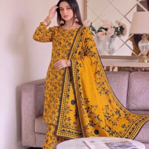 Premium Mustard Floral All-Over Digital Printed Lawn - 3 Piece Unstitched Suit