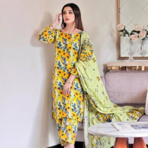 Premium Mustard Floral All-Over Digital Printed Lawn - 3 Piece Unstitched Suit